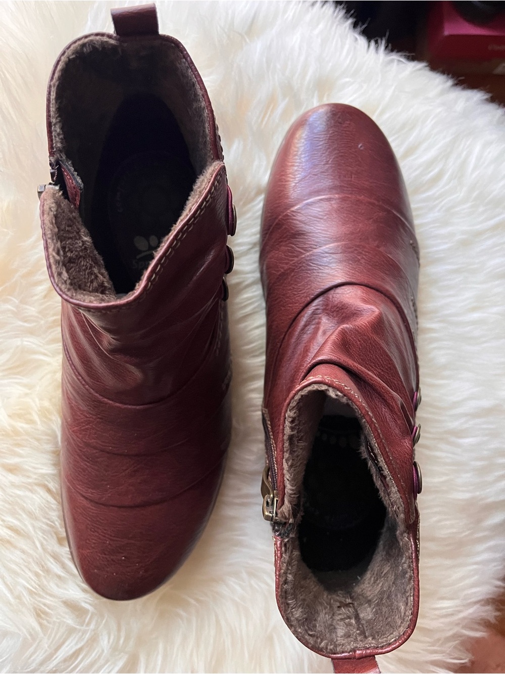 Spring Step Women's Wine Leather Ankle Booties with Fur Trim